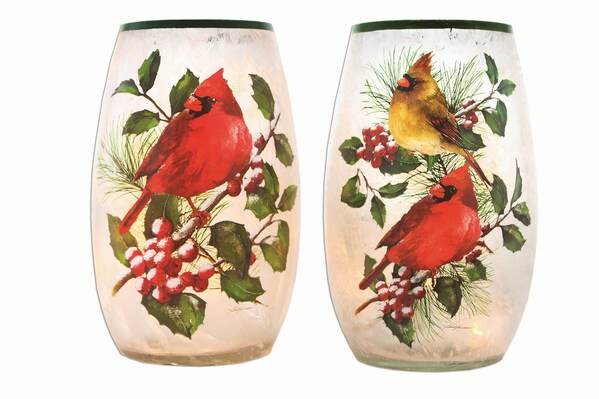 Item 212006 Cardinal With Holly Small Pre-lit Vase