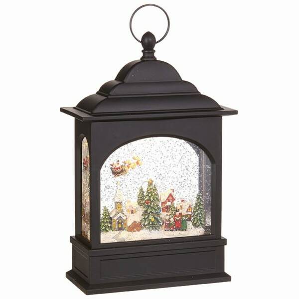 Item 281948 Black Lighted Flying Santa With Town Scene Water Lantern