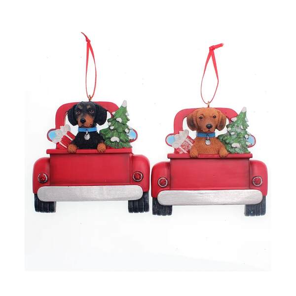 Item 100078 Dachshund In Back Of Red Pickup Truck Ornament