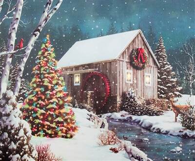 Item 558162 Cabin Waterwheel Lighted Canvas