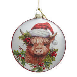 Item 101132 thumbnail Glass Highland Cow With Santa Hat Disc Ornament