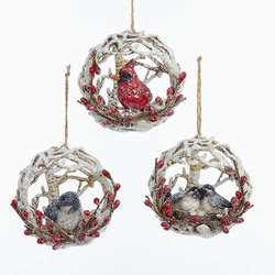 Item 101431 thumbnail Cardinal/Chickadee In Birch Ball Ornament