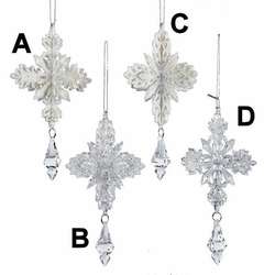 Item 102874 Silver/White Glittered Snowflake With Drop Ornament