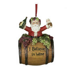 Item 104866 thumbnail Santa With Wine Sitting On I Believe In Wine Barrel Ornament