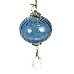 Item 186948 thumbnail Blue Ribbed Ball With Diamond Drop Ornament
