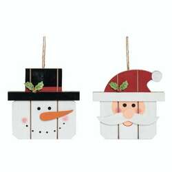 Item 502018 Wooden Santa Snowman Head Ornament